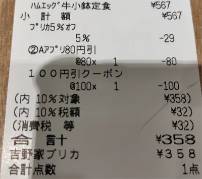 プリカ5%と翌日朝まで100円引クーポンを併用したレシート画像